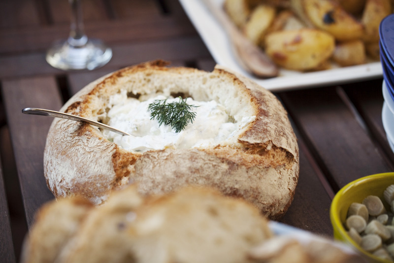 If you fill a country style loaf with tzatziki, the crust makes for an amazing nibble later with a glass of ouzo.