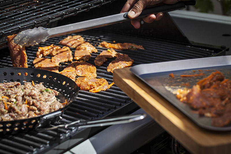 Grill the pork at the same time as the beef. Both will cook quickly so be sure to stick around the grill to monitor.