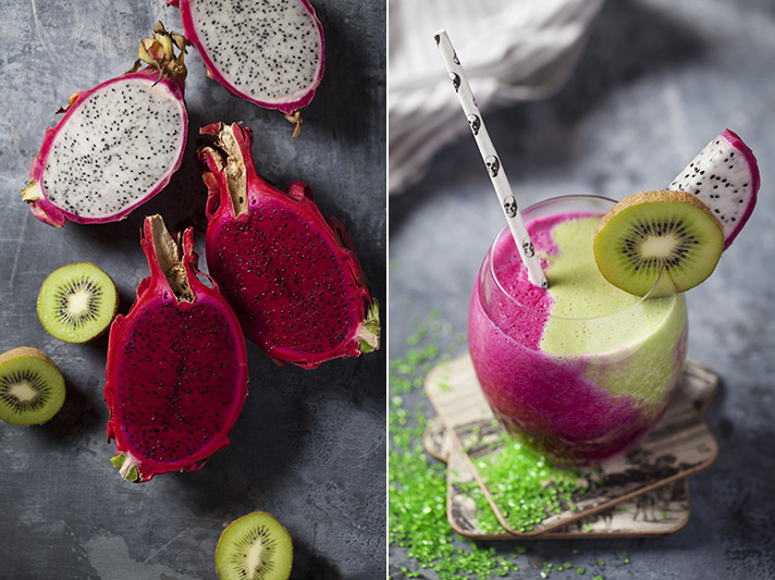The Pitaya, also known as the dragon fruit is a Mexican native but can now be found cultivated almost everywhere. The kiwi, a native to China has the same story, and Italy is now the largest producer of the fruit. So why not combine them in this delicious drink!