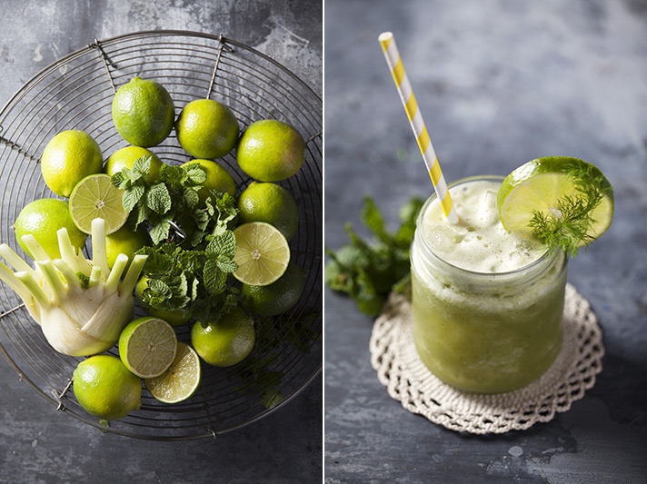 It's easy to make as well! In a blender and for each glass combine the juice of two limes, the half of a small bulb of fennel or the quarter of a large one, 5-8 mint leaves depending on your taste, 3 cubes of raw sugar (1 tsp), and 1 cup of spring water (still or bubbly). Blend until smooth and serve over crushed iced. You can also add a shot (30 ml) of rum or vodka as well, to spice things up a bit!