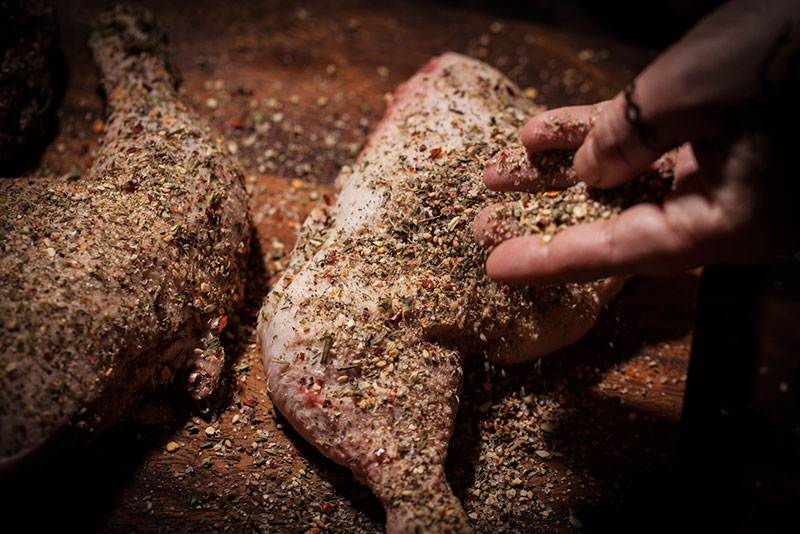 Chicken legs are best when covered in a rub that will char and flavour both the skin and the meat.
